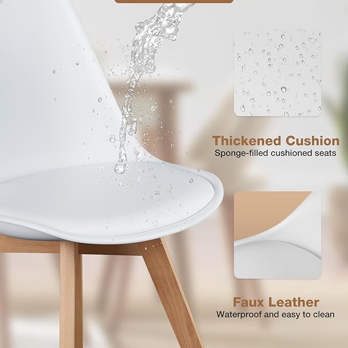 OLIXIS Set of 4 Dining Kitchen Mid-Century Modern Chairs with Wood Legs and PU Leather Cushion for Living Room Bedroom Outdoor Lounge, White - LeafyLoom