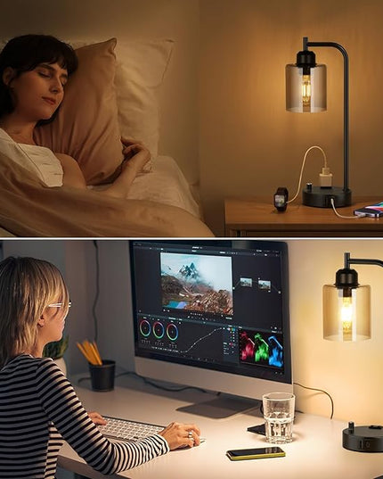 Industrial Bedside Lamps for Nightstand Set of 2 - Fully Dimmable Bedroom Lamps with USB A C Ports and Outlet, Black Table Lamps with Amber Glass Shade for Living Room, Desk Lamps for Office Reading - LeafyLoom