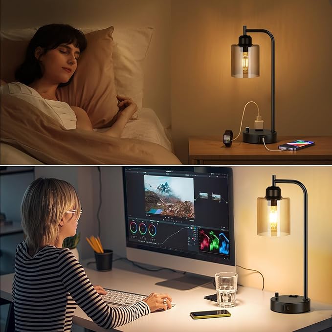 Industrial Bedside Lamps for Nightstand Set of 2 - Fully Dimmable Bedroom Lamps with USB A C Ports and Outlet, Black Table Lamps with Amber Glass Shade for Living Room, Desk Lamps for Office Reading - LeafyLoom