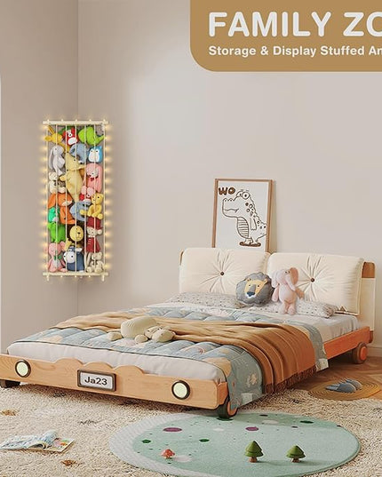 Stuffed Animal Storage Toy Organizer: Corner Stuff Animals Holder for Wall with LED Light - Kids Plush Toys Storage with Adjustable Length for Nursery Playroom Bedroom Kids Room(Beige) - LeafyLoom