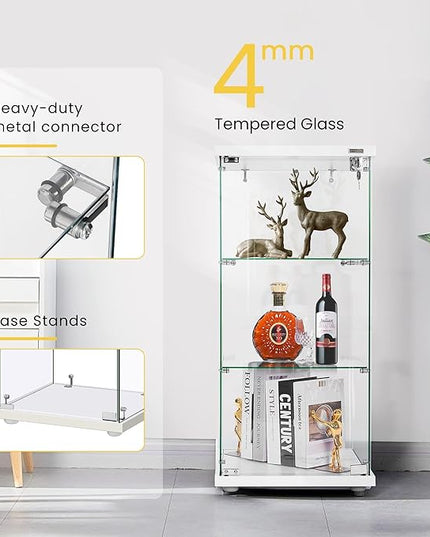 VIVOHOME 3 Layers 16''W x 16''D x 34''H Display Cabinet Showcase Countertop with Lock, 4mm Tempered Glass 25mm MDF Base - LeafyLoom