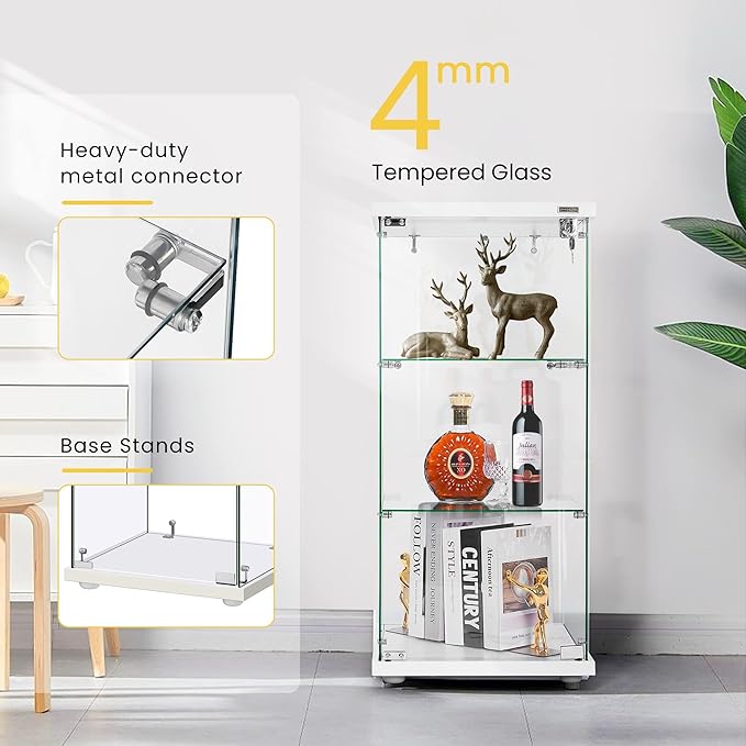 VIVOHOME 3 Layers 16''W x 16''D x 34''H Display Cabinet Showcase Countertop with Lock, 4mm Tempered Glass 25mm MDF Base - LeafyLoom