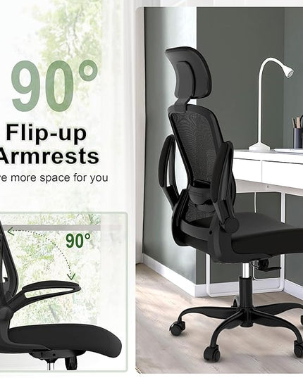 Mimoglad Home Office Chair, Ergonomic Desk Chair with Adjustable Lumbar Support, High Back Computer Chair- Adjustable Headrest with Flip-Up Arms, Swivel Task Chair for Home Office (Black) - LeafyLoom