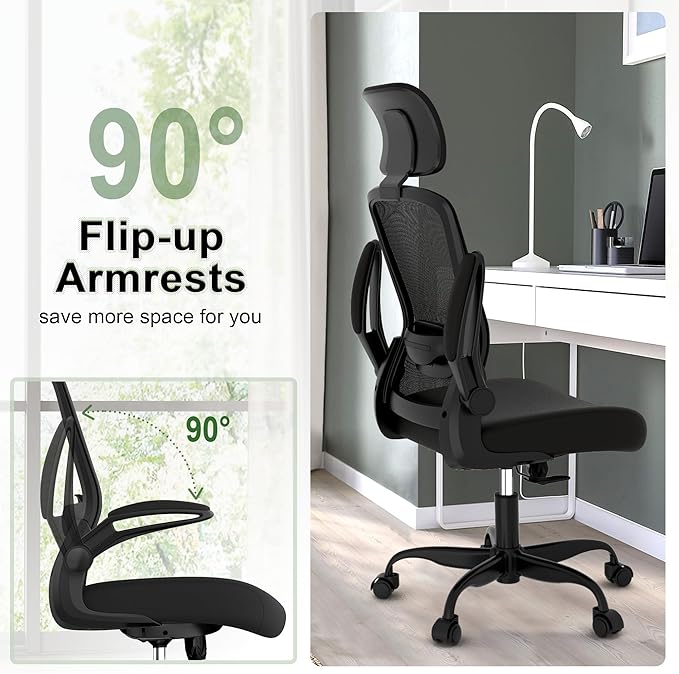 Mimoglad Home Office Chair, Ergonomic Desk Chair with Adjustable Lumbar Support, High Back Computer Chair- Adjustable Headrest with Flip-Up Arms, Swivel Task Chair for Home Office (Black) - LeafyLoom