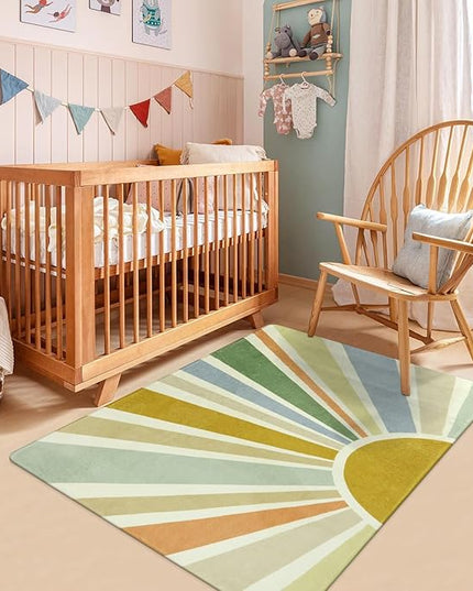 Boho Washable Rug 3'x5' Rug Kids Area Rug for Playroom, Colorful Kids Rug for Bedroom, Non-Slip Throw Sun Carpet Soft Small Sunshine Rug for Office Nursery Entryway Dorm - LeafyLoom