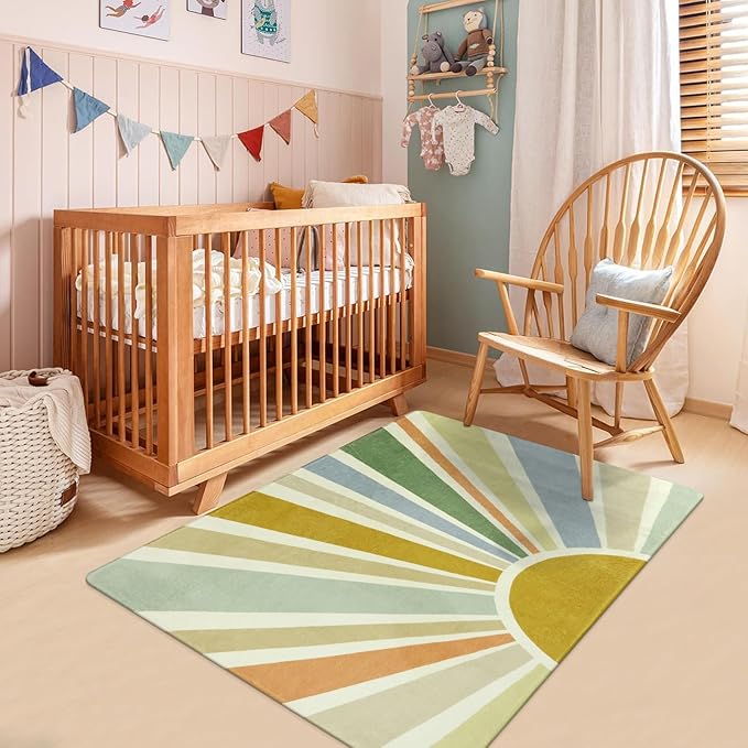 Boho Washable Rug 3'x5' Rug Kids Area Rug for Playroom, Colorful Kids Rug for Bedroom, Non-Slip Throw Sun Carpet Soft Small Sunshine Rug for Office Nursery Entryway Dorm - LeafyLoom