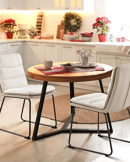 COLAMY Dining Chairs Set of 2, Modern Waffle Dining Chair, Leather Chairs with Metal Legs for Dining Room Living Room Kitchen Coffee Shop, Cream - LeafyLoom