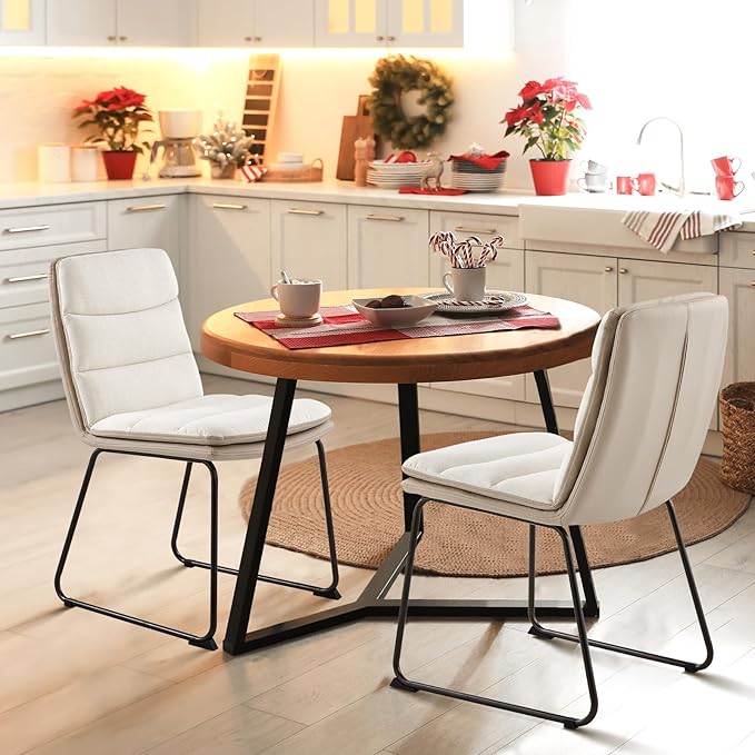 COLAMY Dining Chairs Set of 2, Modern Waffle Dining Chair, Leather Chairs with Metal Legs for Dining Room Living Room Kitchen Coffee Shop, Cream - LeafyLoom