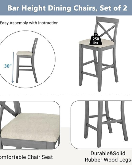 Farmhouse Style Rectangular Breakfast Nook with 2 Chairs, Solid Wood Multifunctional Bar Room, Kitchen, Small Place, 3 Piece Dining Table Set, Gray 6 - LeafyLoom