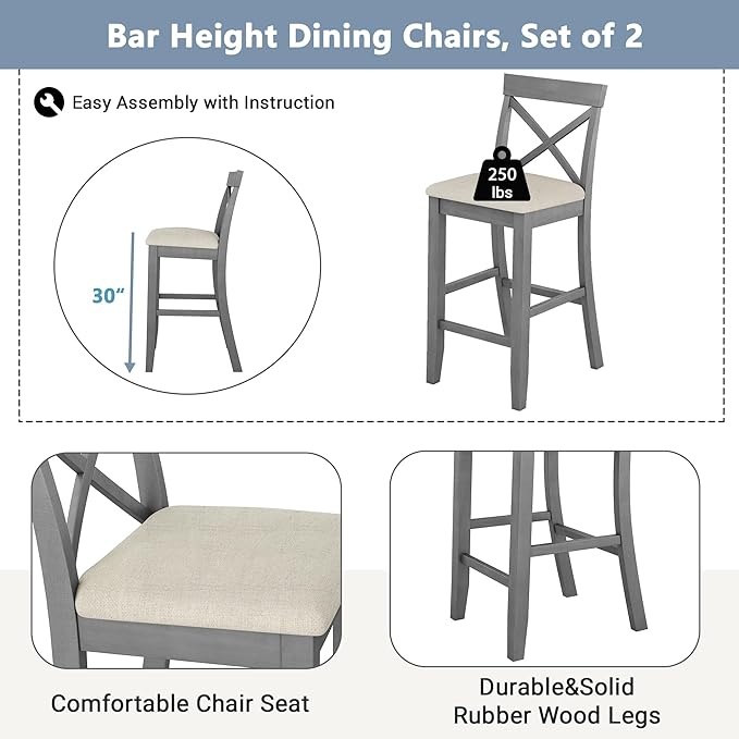 Farmhouse Style Rectangular Breakfast Nook with 2 Chairs, Solid Wood Multifunctional Bar Room, Kitchen, Small Place, 3 Piece Dining Table Set, Gray 6 - LeafyLoom