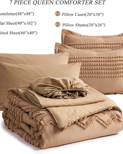 KAKIJUMN Khaki Tufted Comforter Set Queen Size 7 Piece Bed in a Bag, Shabby Chic Boho Comforter and Sheet Set, All Season Soft Microfiber Complete Bedding Set(Khaki,Queen) - LeafyLoom