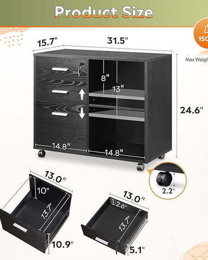 DEVAISE 3-Drawer Wood File Cabinet with Lock, Mobile Lateral Filing Cabinet, Black - LeafyLoom