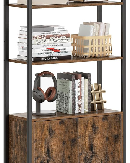 VASAGLE 6-Tier Bookshelf, Tall Bookcase with Door, Steel Frame, Adjustable Shelves, 9.4 x 23.6 x 62.8 Inches, Living Room Bedroom, Rustic Brown and Ink Black ULLS133K01 - LeafyLoom