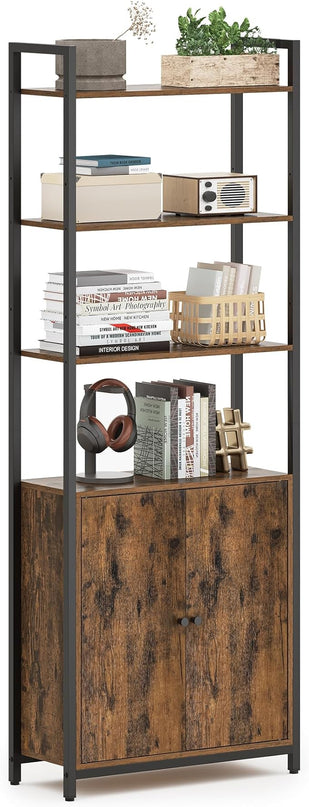 VASAGLE 6-Tier Bookshelf, Tall Bookcase with Door, Steel Frame, Adjustable Shelves, 9.4 x 23.6 x 62.8 Inches, Living Room Bedroom, Rustic Brown and Ink Black ULLS133K01 - LeafyLoom