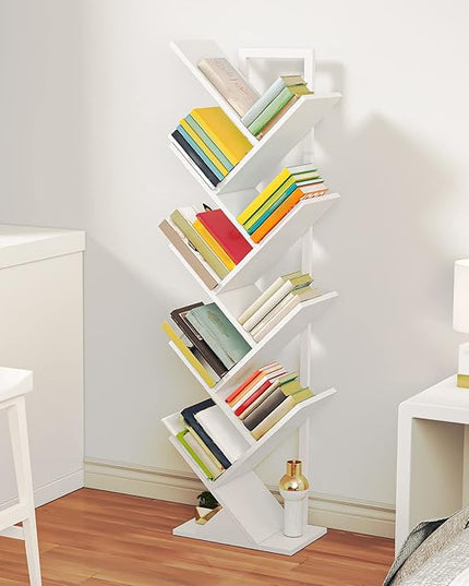 HOOBRO Tree Bookshelf, 9-Tier Bookcase Wooden Shelves, Floor Standing Storage Rack, for Display of CDs, Books in Living Room, Home Office, Wood Storage Rack for Bedroom, White WT08SJ01G1 - LeafyLoom