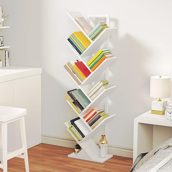 HOOBRO Tree Bookshelf, 9-Tier Bookcase Wooden Shelves, Floor Standing Storage Rack, for Display of CDs, Books in Living Room, Home Office, Wood Storage Rack for Bedroom, White WT08SJ01G1 - LeafyLoom