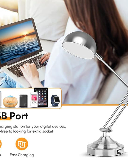 Touch Control LED Desk Lamp with USB Charging Port, Architect Brushed Nickle Lamp with Adjustable Swing Arm, Dimmable Silver Desk Lamp for Home Office Reading Study, 3000K/4000K/5000K 3 Color Modes - LeafyLoom
