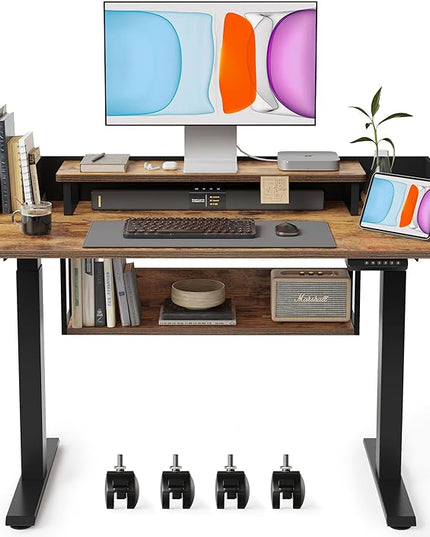 BANTI 48"x24" Standing Desk Adjustable Electric Height with Monitor Stand, Double Storage Shelves Stand Up Desk, Home Office Workstation Sit Stand up Desk (Rustic Brown) - LeafyLoom