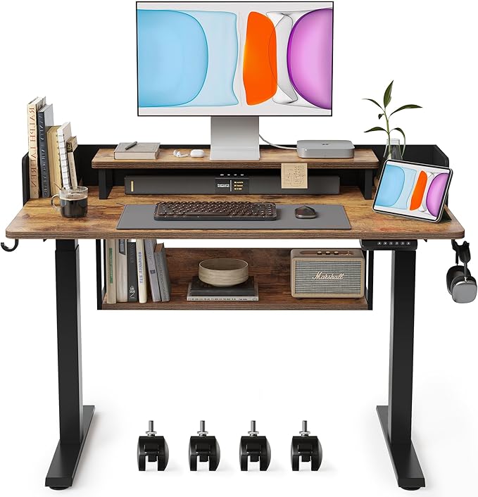 BANTI 48"x24" Standing Desk Adjustable Electric Height with Monitor Stand, Double Storage Shelves Stand Up Desk, Home Office Workstation Sit Stand up Desk (Rustic Brown) - LeafyLoom