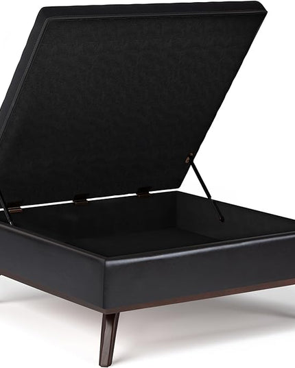 SIMPLIHOME Owen 36 Inch Wide Mid Century Modern Square Coffee Table Lift Top Storage Ottoman in Upholstered Tanners Brown Faux Leather, For the Living Room - LeafyLoom