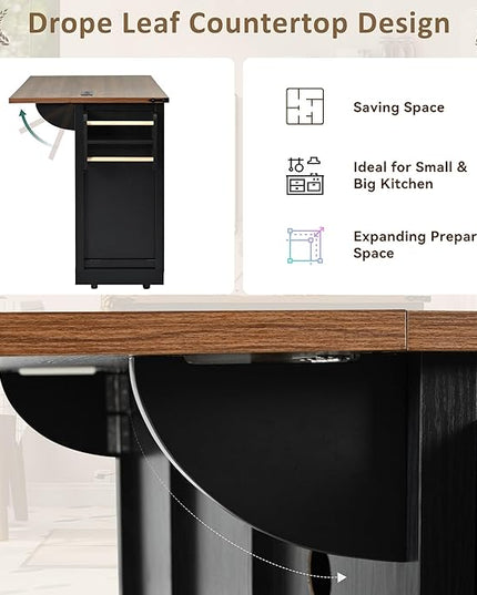 53.7" Farmhouse Kitchen Island with Power Outlet, 2 Sliding Barn Door Kitchen Storage Island with Drop Leaf, Spice Rack Rolling Kitchen Cart on Wheels for Home, Kitchen, Dining Room, Black - LeafyLoom