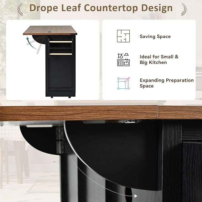 53.7" Farmhouse Kitchen Island with Power Outlet, 2 Sliding Barn Door Kitchen Storage Island with Drop Leaf, Spice Rack Rolling Kitchen Cart on Wheels for Home, Kitchen, Dining Room, Black - LeafyLoom