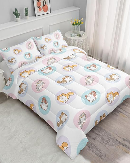Datura home White Kawaii Cat Comforter Bedding Set Girls Kitten White Print Cute Animal Pattern Bedding Set 1 Comforter 2 Pillowcases Girls Bedroom All Season(Cat White Full) Full 80x90'' - LeafyLoom