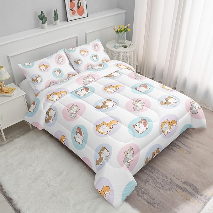 Datura home White Kawaii Cat Comforter Bedding Set Girls Kitten White Print Cute Animal Pattern Bedding Set 1 Comforter 2 Pillowcases Girls Bedroom All Season(Cat White Full) Full 80x90'' - LeafyLoom