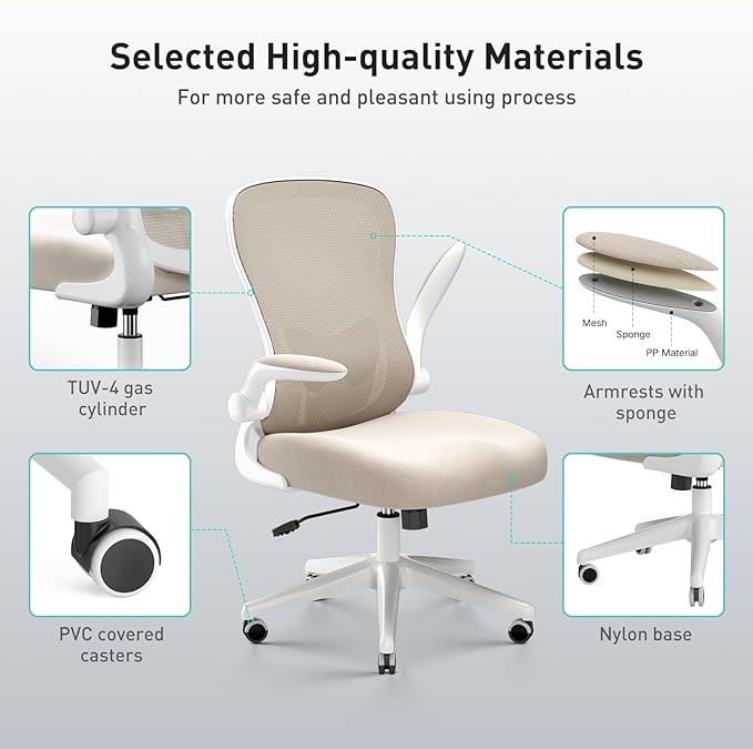 Hbada Office Chair Ergonomic Desk Chair, Office Desk Chairs with PU Silent Wheels, Breathable Mesh Computer Chair with Adjustable Lumbar Support, Flip-up Armrests, Tilt Function, Grey - LeafyLoom