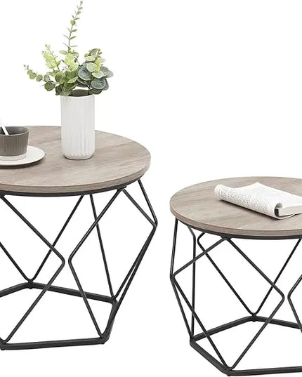 VASAGLE Small Coffee Table Set of 2, Round Coffee Table with Steel Frame, Side End Table for Living Room, Bedroom, Office, Greige and Ink Black - LeafyLoom