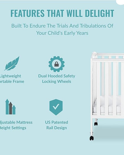 3 in 1 Portable Folding Stationary Side Crib in White, Greenguard Gold Certified, Safety Wheel with Locking Casters, Convertible, 3 Mattress Heights - LeafyLoom