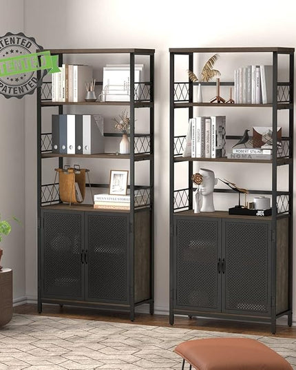 Farmhouse Bookshelf with Storage, Industrial Tall Book Shellf with Doors, Rustic Wood Bookcase with Cabinet for Home Office, Living Room, Bedroom (Walnut Brown) - LeafyLoom