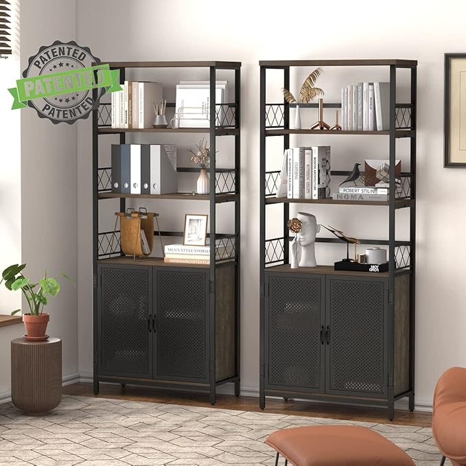 Farmhouse Bookshelf with Storage, Industrial Tall Book Shellf with Doors, Rustic Wood Bookcase with Cabinet for Home Office, Living Room, Bedroom (Walnut Brown) - LeafyLoom