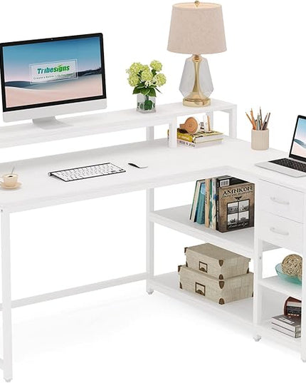 Reversible L-Shaped Computer Desk with hutch & Shelf,white - LeafyLoom
