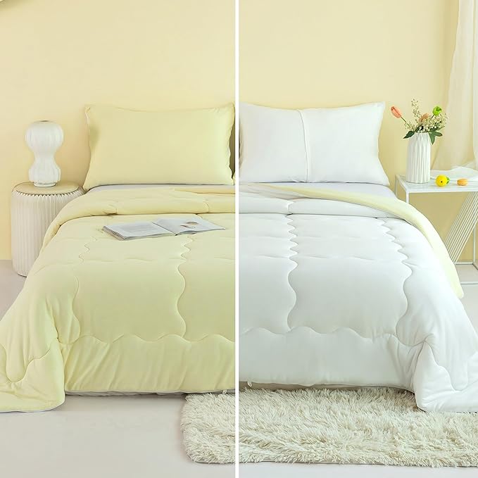 COTTEBED Reversible KING Bedding Comforter Set, Jersey Knit All Season Milk Cup Dual-Side Down Comforters, Super Soft Breathable Fluffy Lightweight Quilt & Pillow Shams(Yellow and White King/Cal King) - LeafyLoom