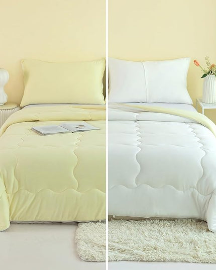 COTTEBED Reversible Queen Sized Bedding Comforter Sets - Cute Jersey Knit T-Shirt Feel Dual-Sided Full Down Comforters - Ultra-Soft Lightweight Quilt & 2 Pillow Shams All Season Use (Yellow and White) - LeafyLoom