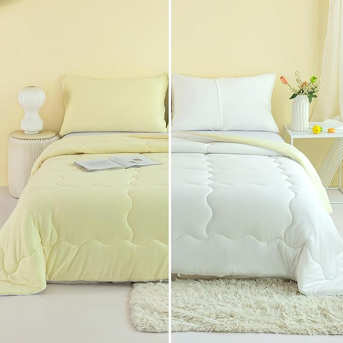 COTTEBED Reversible Queen Sized Bedding Comforter Sets - Cute Jersey Knit T-Shirt Feel Dual-Sided Full Down Comforters - Ultra-Soft Lightweight Quilt & 2 Pillow Shams All Season Use (Yellow and White) - LeafyLoom