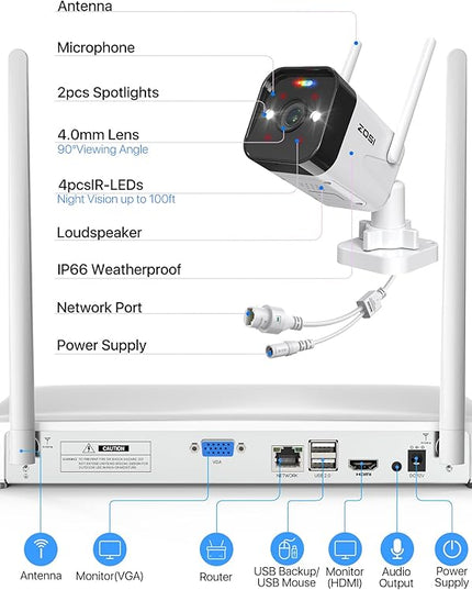 ZOSI 2.5K WiFi Security Camera Wireless Outdoor System,2TB HDD,8 Channel NVR for 24/7 Recording,4 x 4MP Cameras for Home with Color Night Vision,Person Vehicle Detection,2-Way Talk,Siren Alarm,Plug-in ZOSI