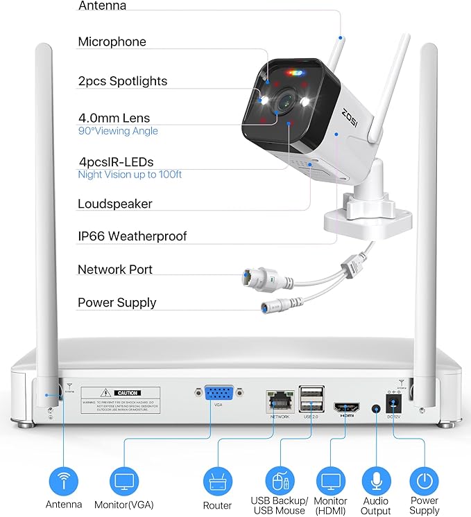 ZOSI 2.5K WiFi Security Camera Wireless Outdoor System,2TB HDD,8 Channel NVR for 24/7 Recording,4 x 4MP Cameras for Home with Color Night Vision,Person Vehicle Detection,2-Way Talk,Siren Alarm,Plug-in ZOSI