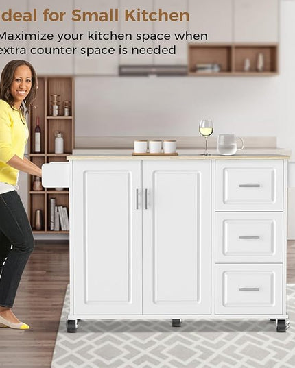 54" Large Kitchen Island Cart with Drop Leaf, Kitchen Island with Storage, Rolling Kitchen Island with Inside Cabinet, 3 Drawers, Spice Rack, Towel Rack and Wood Tabletop(White) - LeafyLoom
