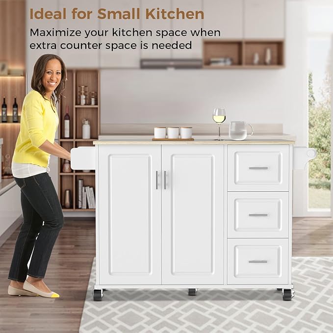 54" Large Kitchen Island Cart with Drop Leaf, Kitchen Island with Storage, Rolling Kitchen Island with Inside Cabinet, 3 Drawers, Spice Rack, Towel Rack and Wood Tabletop(White) - LeafyLoom