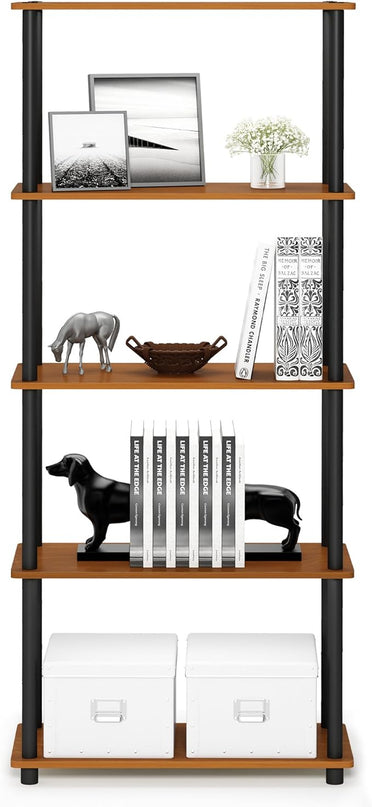 Furinno Turn-N-Tube 5-Tier Multipurpose Shelf / Display Rack / Storage Shelf / Bookshelf, Round Tubes, Light Cherry/Black - LeafyLoom