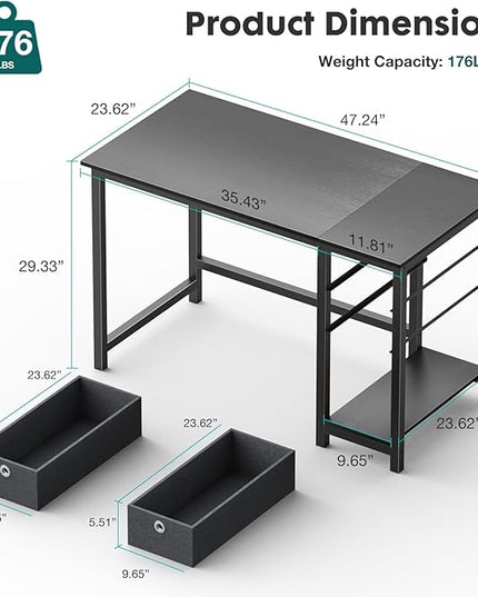 SMUG Computer Desk with Storage Drawers, 47 Inch Small Office Desk Modern Simple Workstation Study Writing Table for Home Bedroom, Black - LeafyLoom