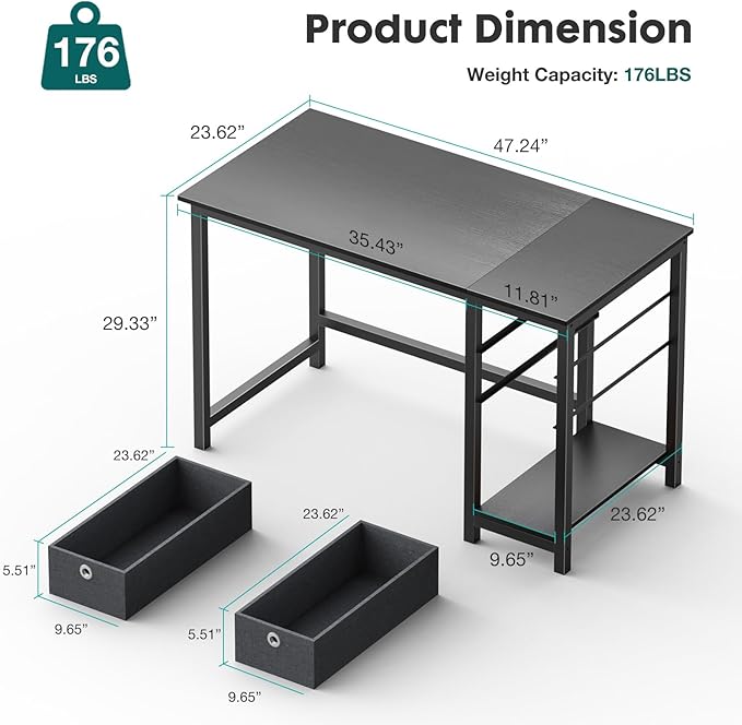 SMUG Computer Desk with Storage Drawers, 47 Inch Small Office Desk Modern Simple Workstation Study Writing Table for Home Bedroom, Black - LeafyLoom