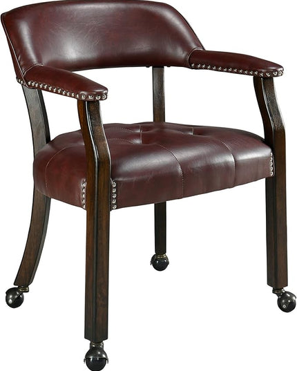 Dining Chairs with Casters and Arm, Large Rolling Dining Chairs with Wheel, Poker Table Chairs, Boss Caption's Chairs, 26"D x 25.2"W x 31.5"H, Espresso Legs & Wine Red Brown PU, XXY-1910-WR - LeafyLoom