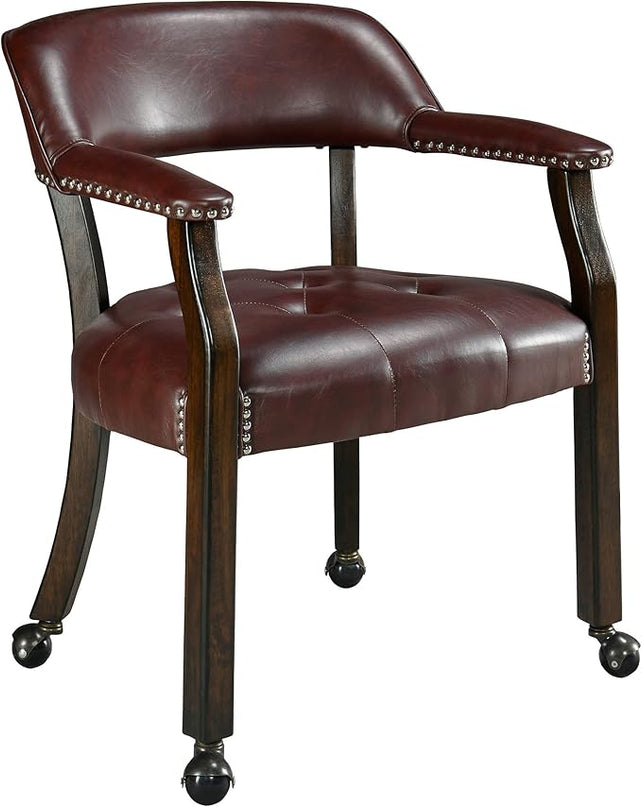 Dining Chairs with Casters and Arm, Large Rolling Dining Chairs with Wheel, Poker Table Chairs, Boss Caption's Chairs, 26"D x 25.2"W x 31.5"H, Espresso Legs & Wine Red Brown PU, XXY-1910-WR - LeafyLoom