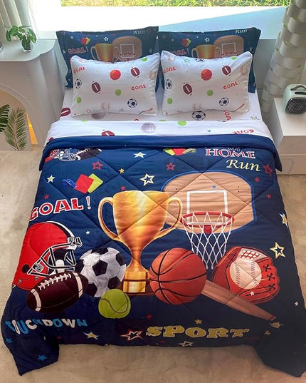 Sports Comforter Set Twin Size for Boys Kids Teens 7 Piece Basketball Baseball Bed in A Bag Soccer Football Trophies Bedding Set All Season Lightweight - LeafyLoom