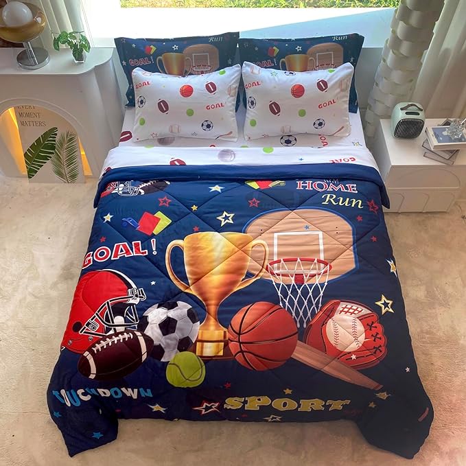 Sports Comforter Set Twin Size for Boys Kids Teens 7 Piece Basketball Baseball Bed in A Bag Soccer Football Trophies Bedding Set All Season Lightweight - LeafyLoom
