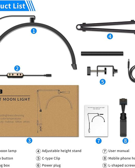 TwoWin Half Moon Light for Lashes, Height Adjustable Lash Light for Eyelash Tech Half Moon, Eyelash Lamp Led for Eyelash Extension, Tattoo Artists, Nail Tech, Filming Content Creation - LeafyLoom