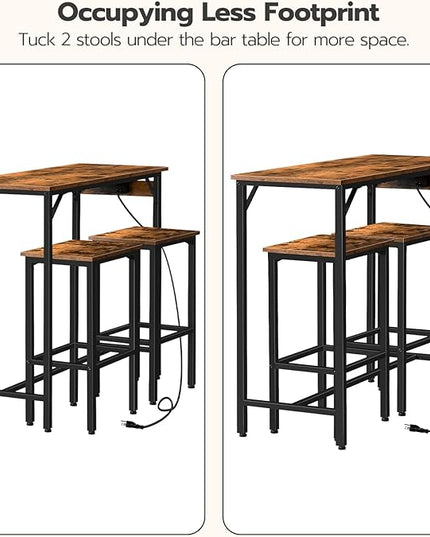 HOOBRO Bar Table Set with Power Outlet, 39.4“ Bar Table and Chairs Set, 3-Piece Pub Table Set for Small Space, Kitchen Bar Height Table with Stools of 2, Easy to Assemble, Rustic Brown BF45UBT01 - LeafyLoom